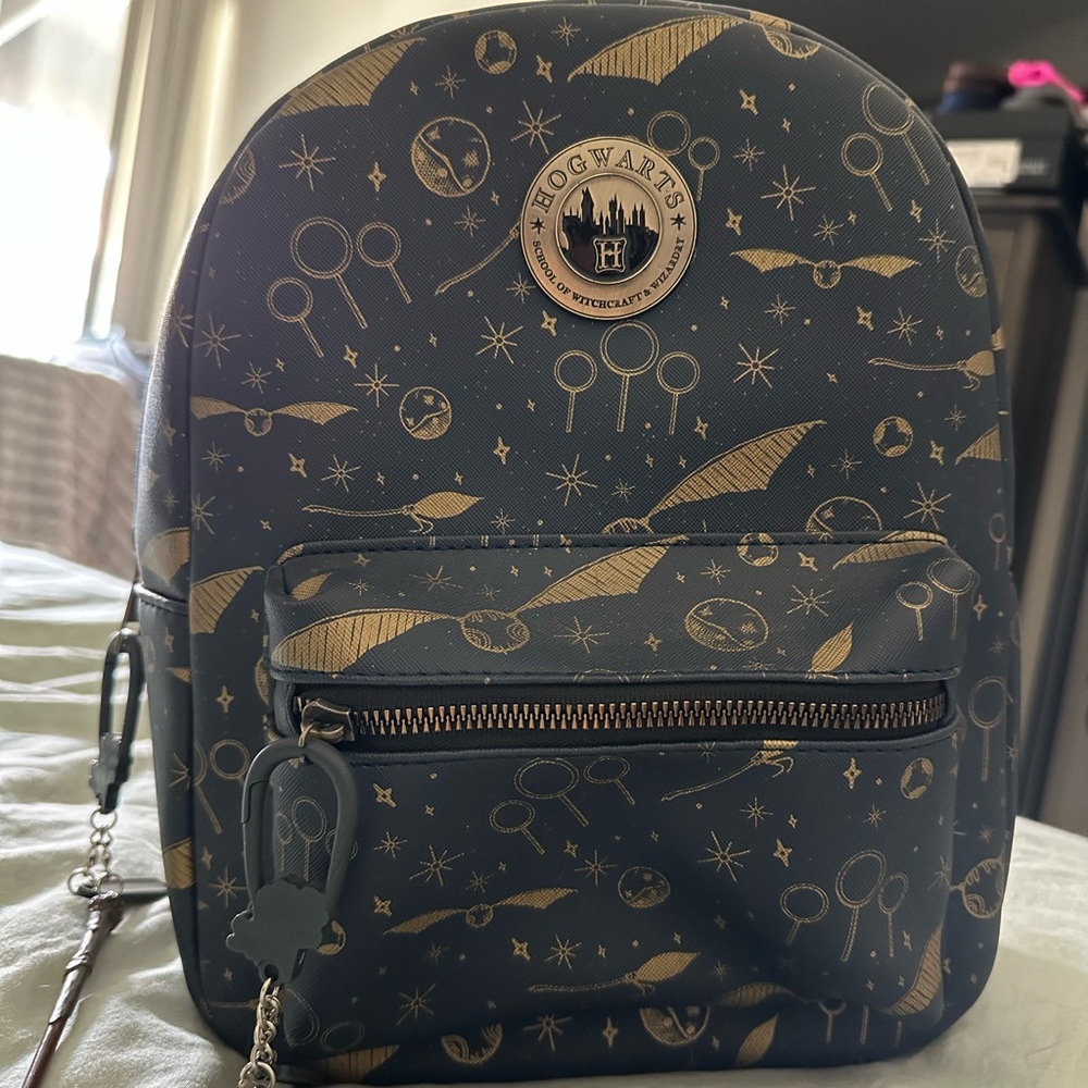 Gold and Navy Blue Harry Potter Mini Backpack with Wand Keychains